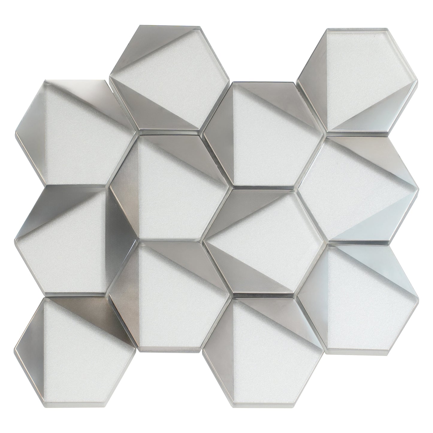 Gray, Silver 9x11 Glossy Glass Hexagon Mosaic Tile - Sample