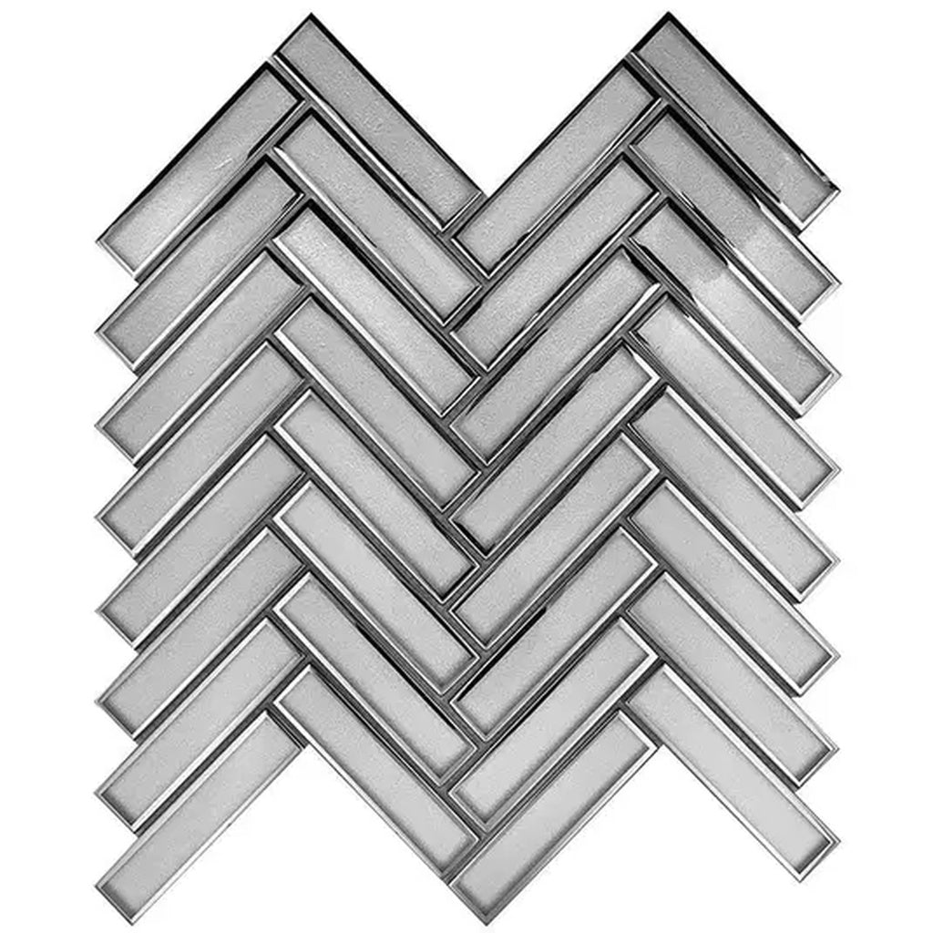 Gray, Silver 12x12 Glossy Glass Herringbone Mosaic Tile