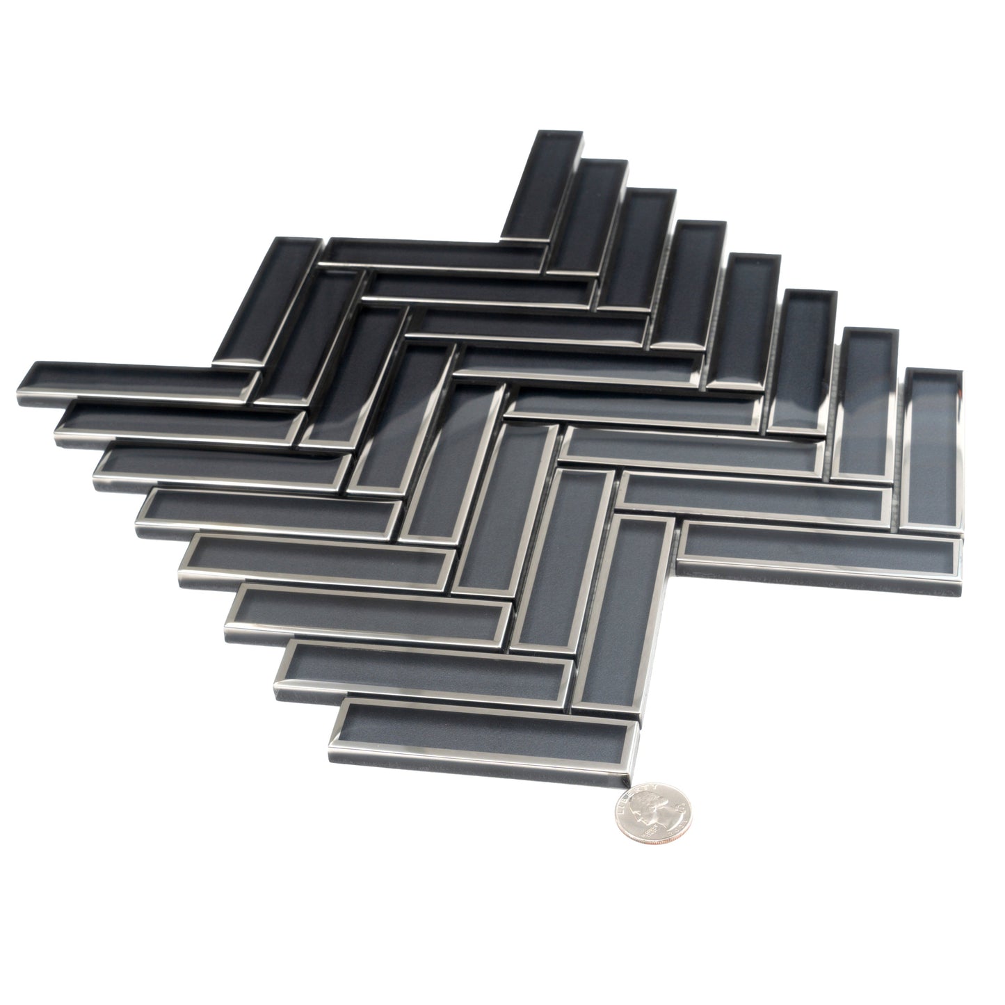 Gray 12x12 Glossy Glass Herringbone Mosaic Tile - Sample