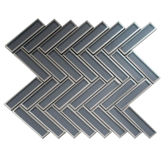Gray 12x12 Glossy Glass Herringbone Mosaic Tile - Sample