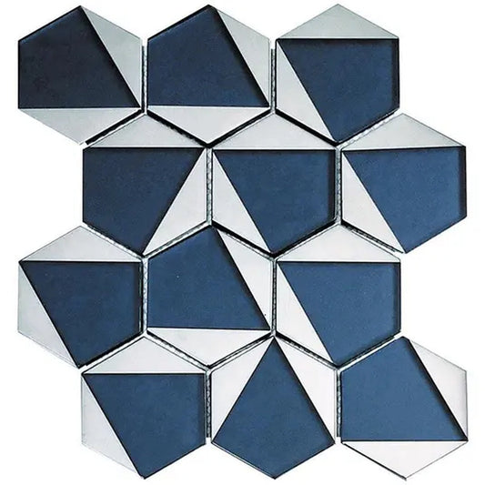 Blue, Gray 9x11 Glossy Glass Hexagon Mosaic Tile