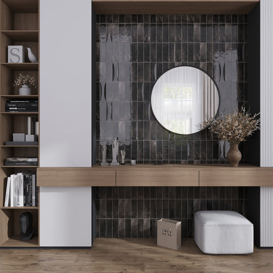 Black 2.5 x 8 Glossy Ceramic Subway Deco Tile - Sample