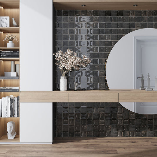 Black 4 x 4 Glossy Ceramic Subway Deco Tile - Sample