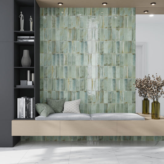Sage Green 2.5 x 8 Glossy Ceramic Subway Deco Tile - Sample