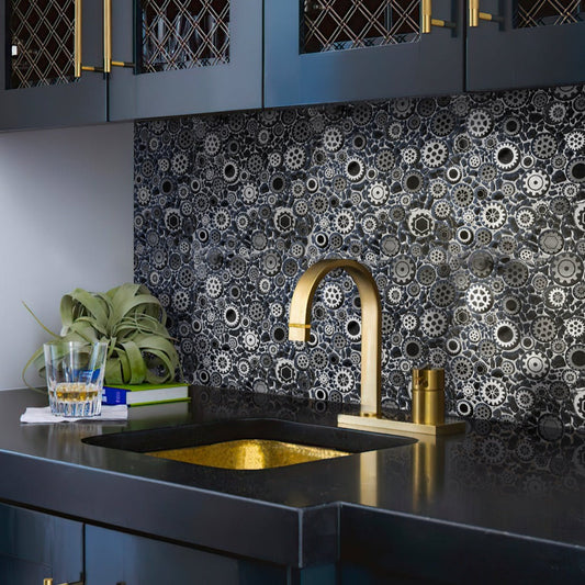 Black 12 x 12 Glossy, Textured Glass, Resin Mosaic Tile - Sample