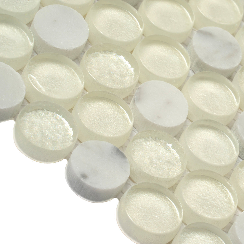 White 12x12 Glossy Glass, Marble Mosaic Tile