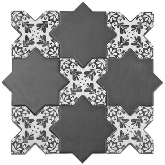 Charcoal Black 5" Star with Cross Deco Matte Ceramic Tile