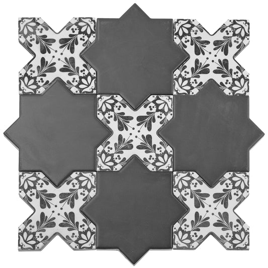 Charcoal Black 5" Star with Cross Deco Matte Ceramic Tile - Sample