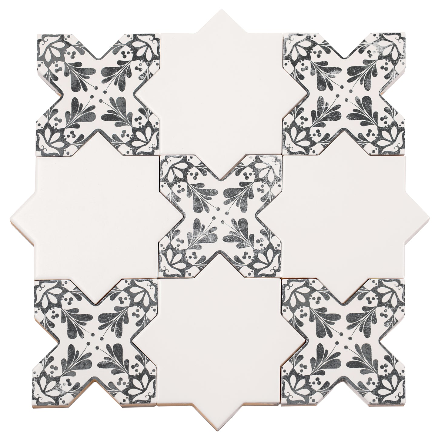 5" White Star with Charcoal Black Cross Deco Matte Ceramic Tile