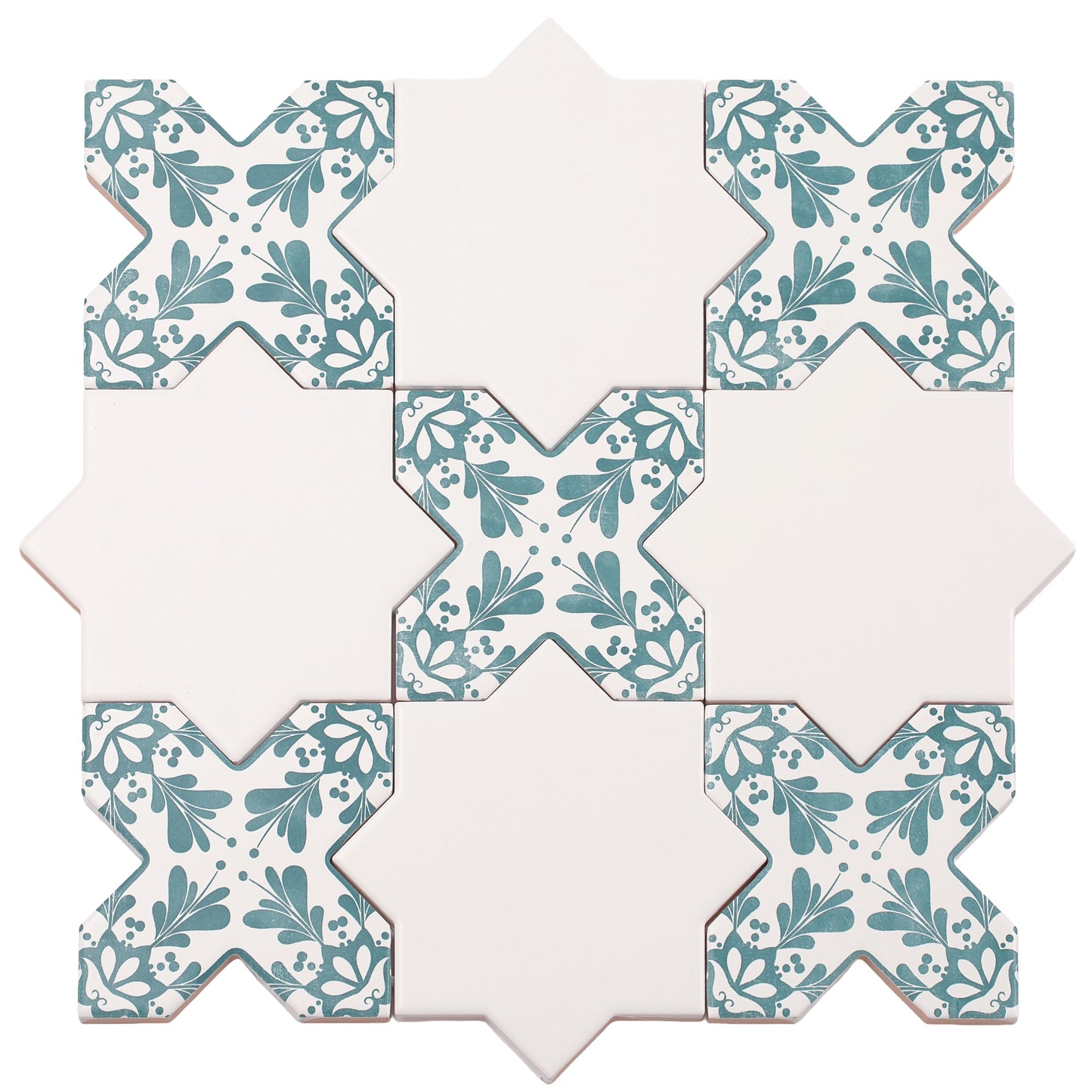 5" White Star with Pistachio Green Cross Deco Matte Ceramic Tile