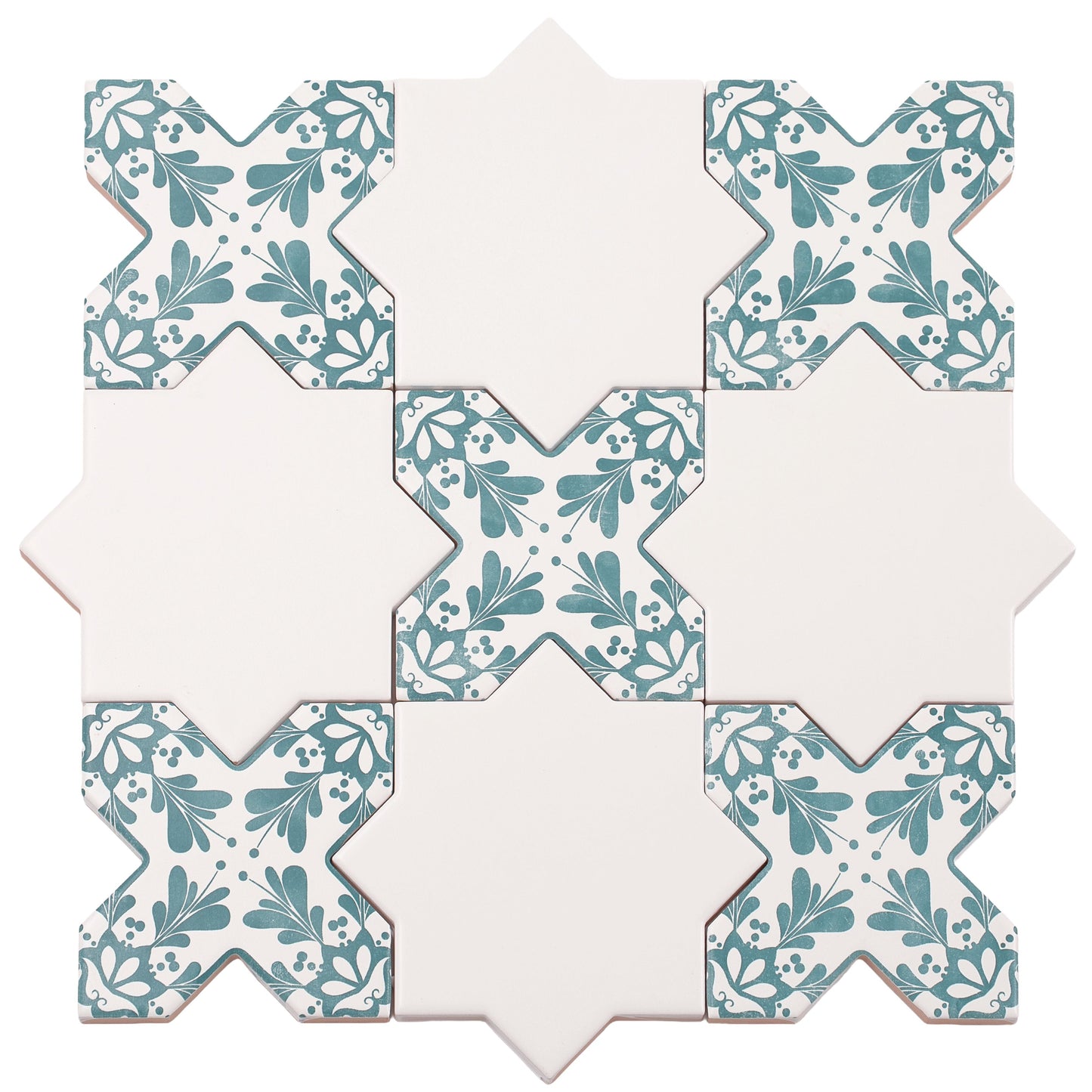 5" White Star with Pistachio Green Cross Deco Matte Ceramic Tile - Sample