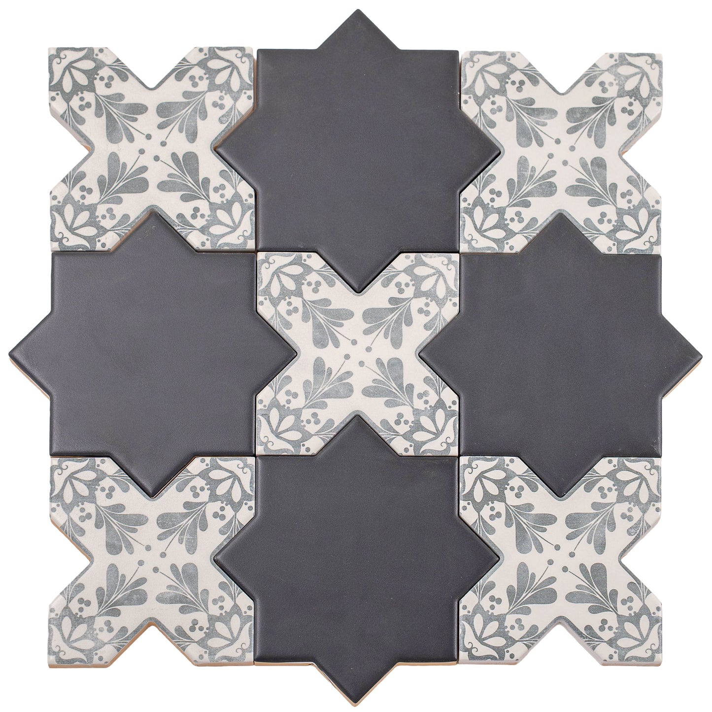 5" Charcoal Black Star with Gray Cross Deco Matte Ceramic Tile
