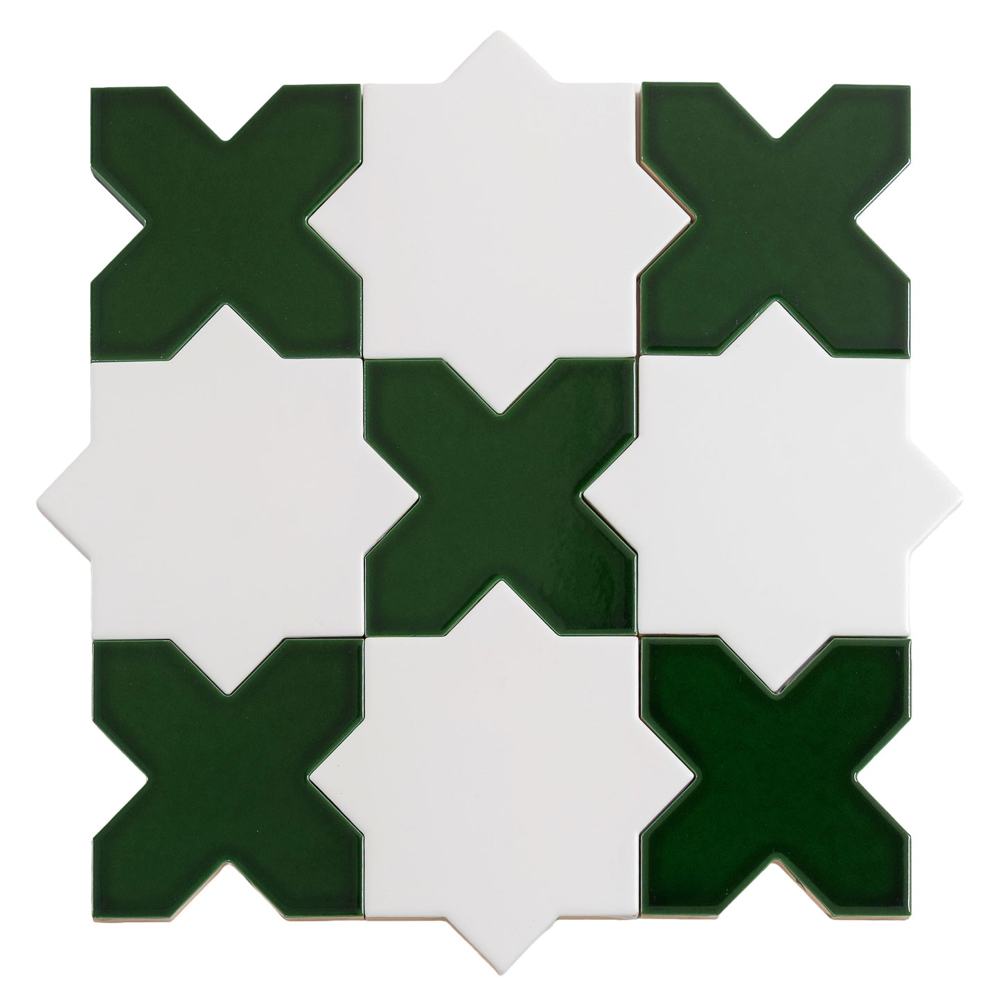 5" Pearl White Star with Dark Green Cross Glossy Ceramic Tile - Sample