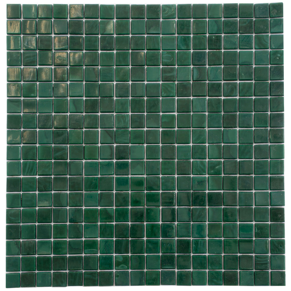Green mosaic glass square tile in walk-in shower and bathroom wall