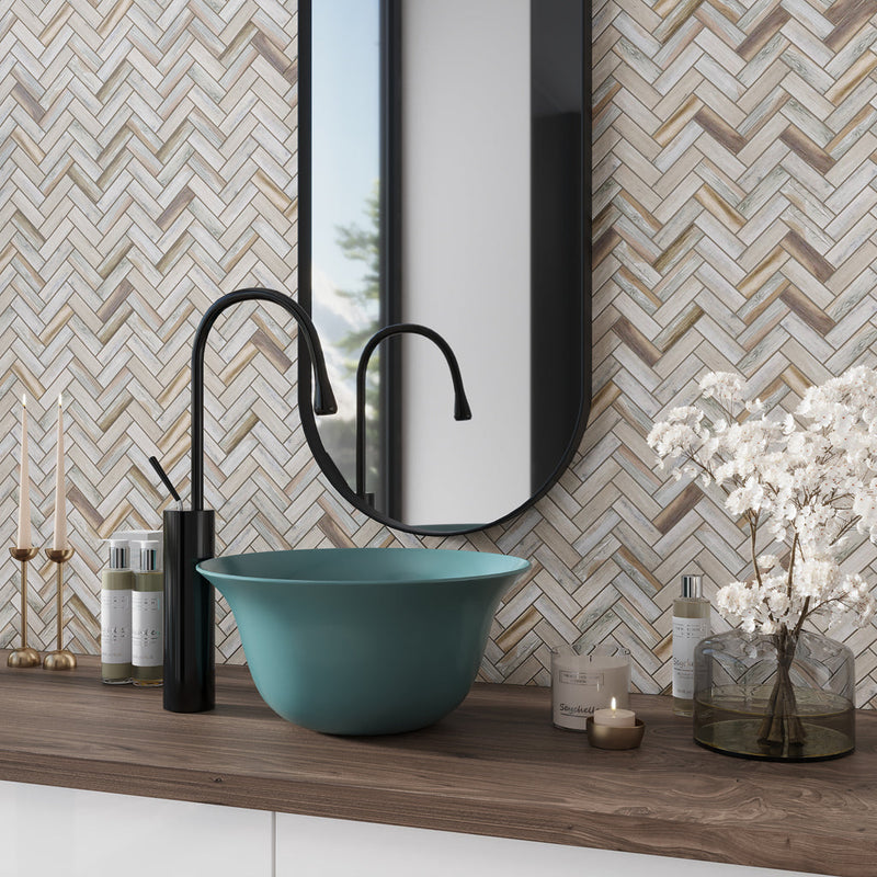 beige matte recycled glass mosaic tile in 11 by 13 inch herringbone pattern