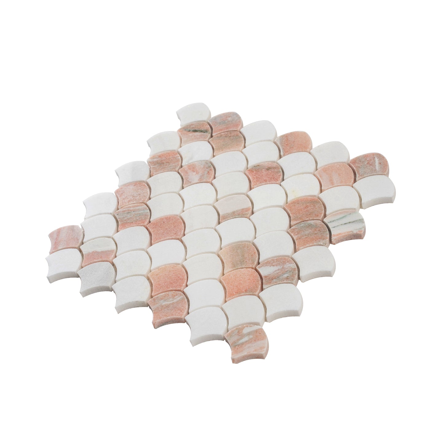 Pink, White 11x11 Polished Thassos, Norway Rose Fan Mosaic Tile