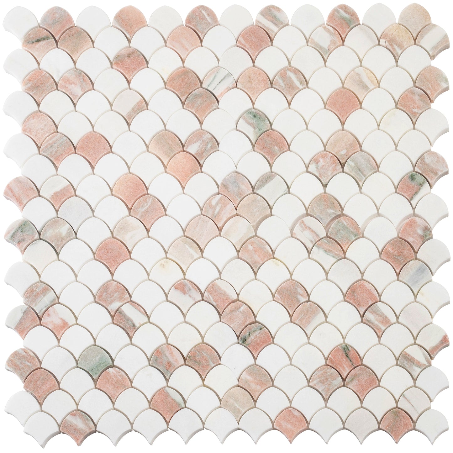 Pink, White 11x11 Polished Thassos, Norway Rose Fan Mosaic Tile - Sample
