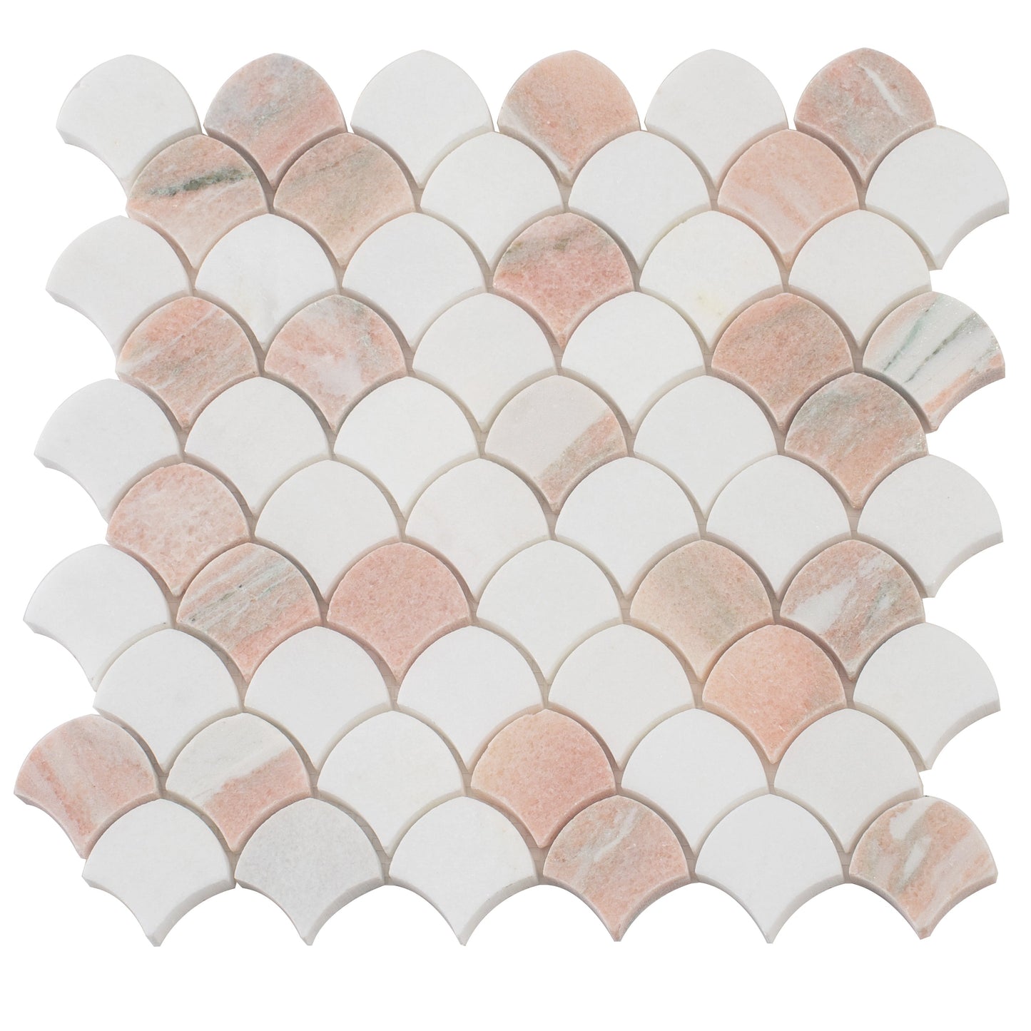 Pink, White 11x11 Polished Thassos, Norway Rose Fan Mosaic Tile