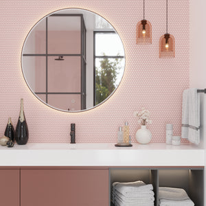 nude pink glossy porcelain mosaic tile with small hexagonal pattern in bathroom wall