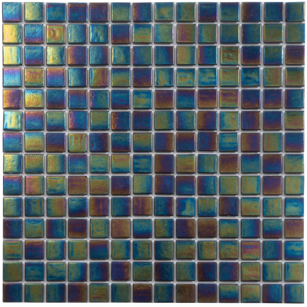 Glossy multicolor 12x12 glass mosaic tile with iridescent blue green purple hues