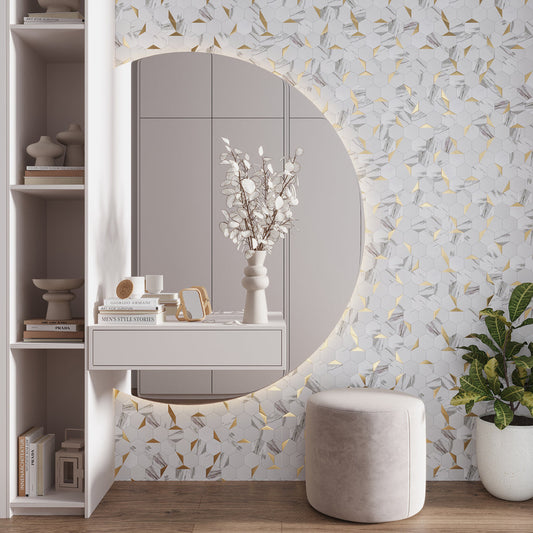 White and Gold 12 x 12 Honed PVC Peel and Stick Tile - Sample