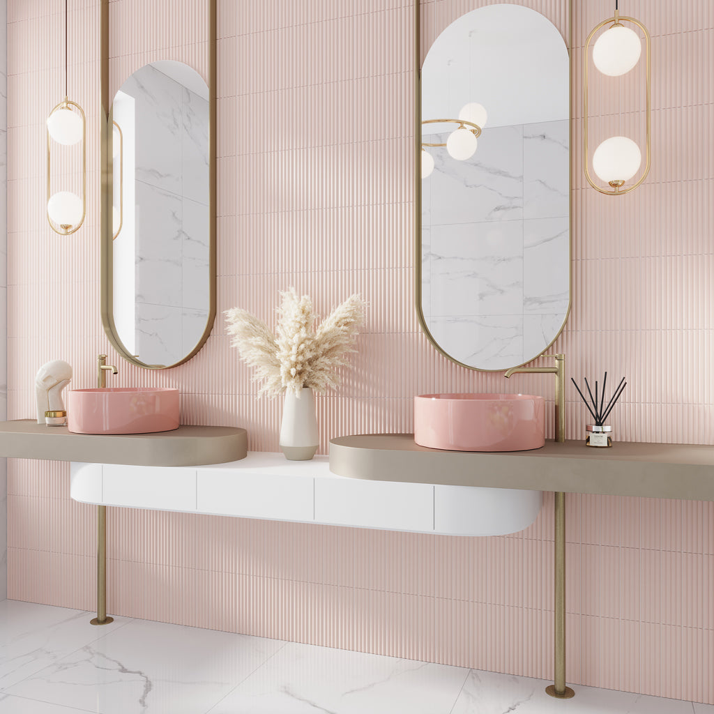 pink 2x8 matte ceramic subway deco tile with vertical ridges and soft pastel finish