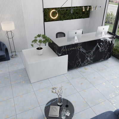 light blue 24x24 natural porcelain tile with subtle gold veining on a floor