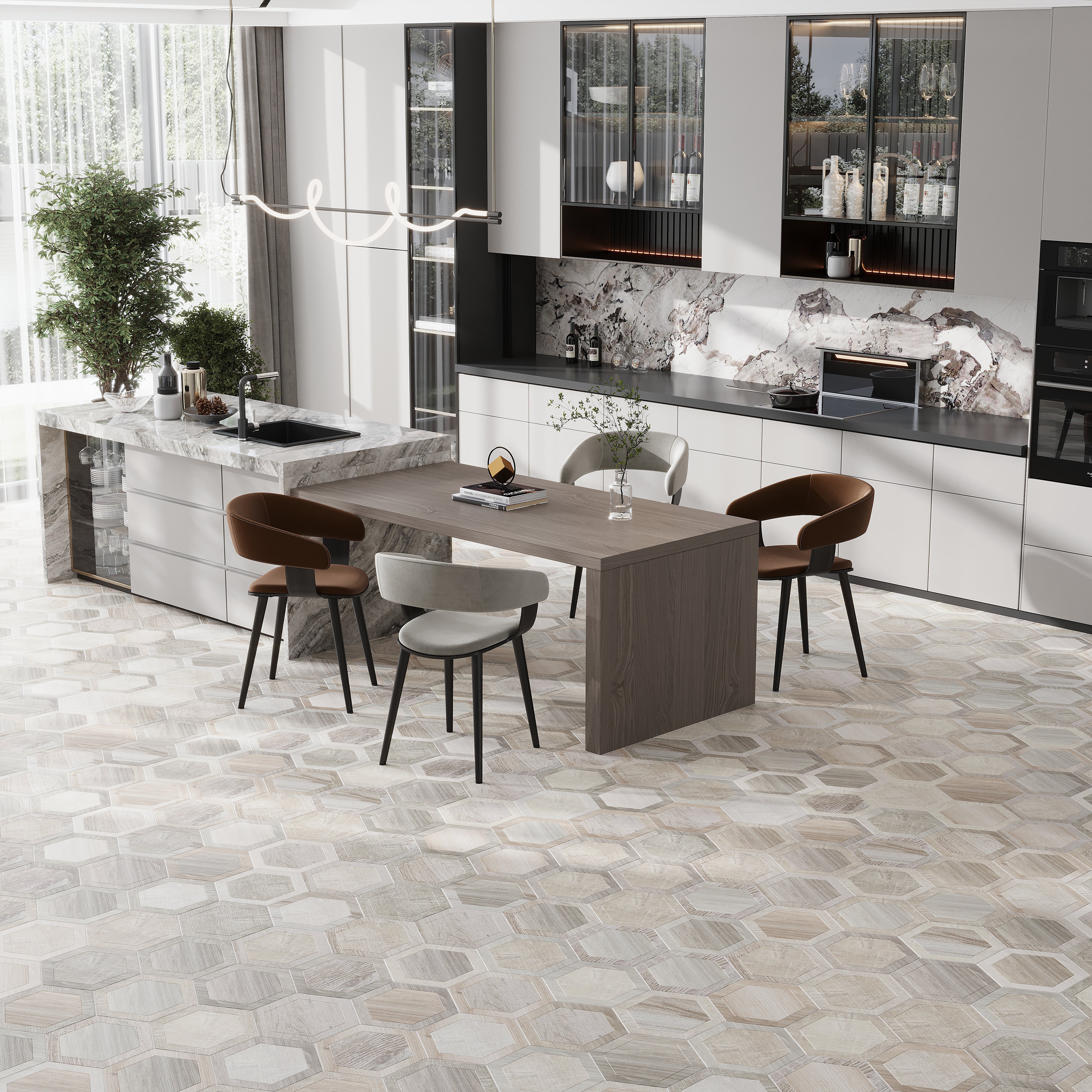 light brown hexagon kitchen floor tile with white cabinets and glass doors
