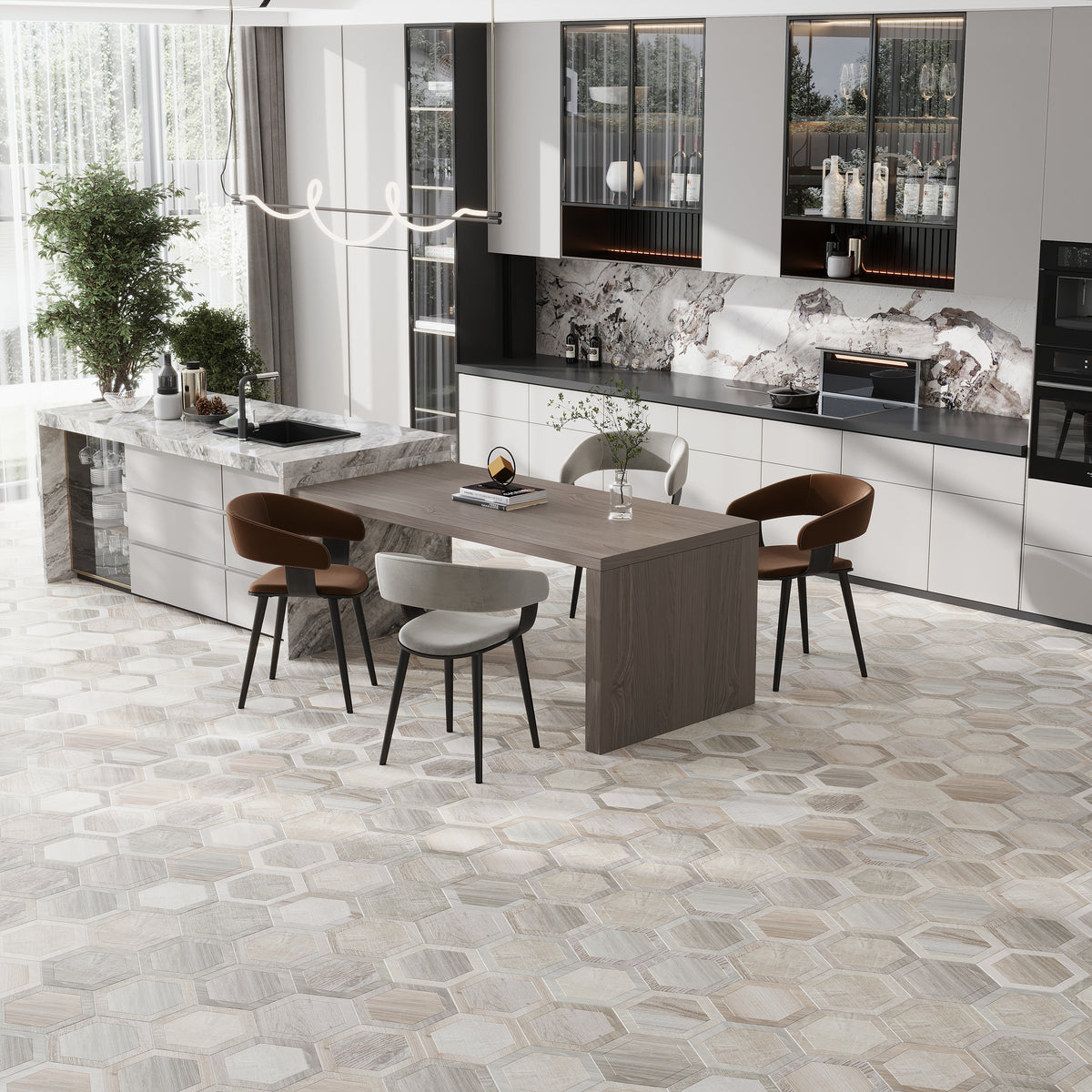 light brown matte porcelain hexagon tiles floor with natural wood grain pattern
