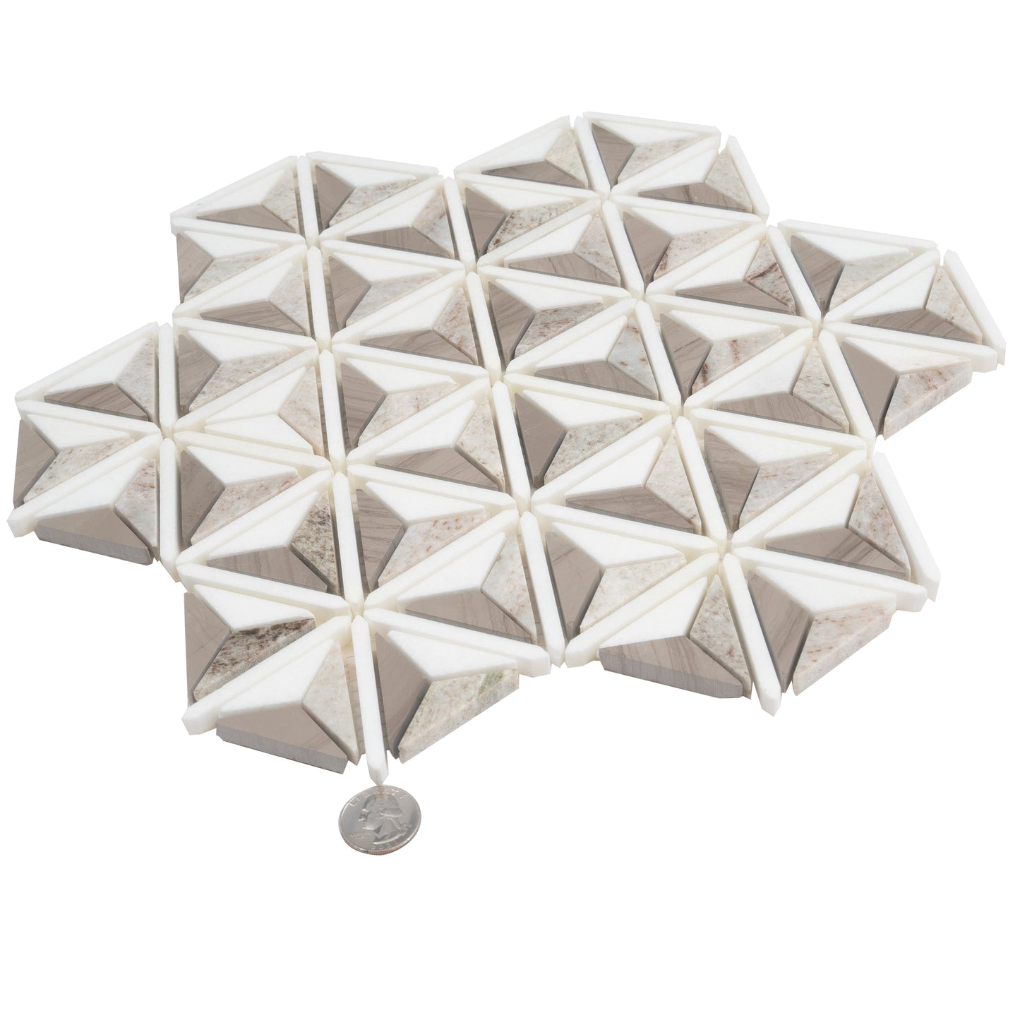 Warm Beige White 12x12 Polished Crystal Sand, Athens Gray, Thassos Mosaic Tile - Sample