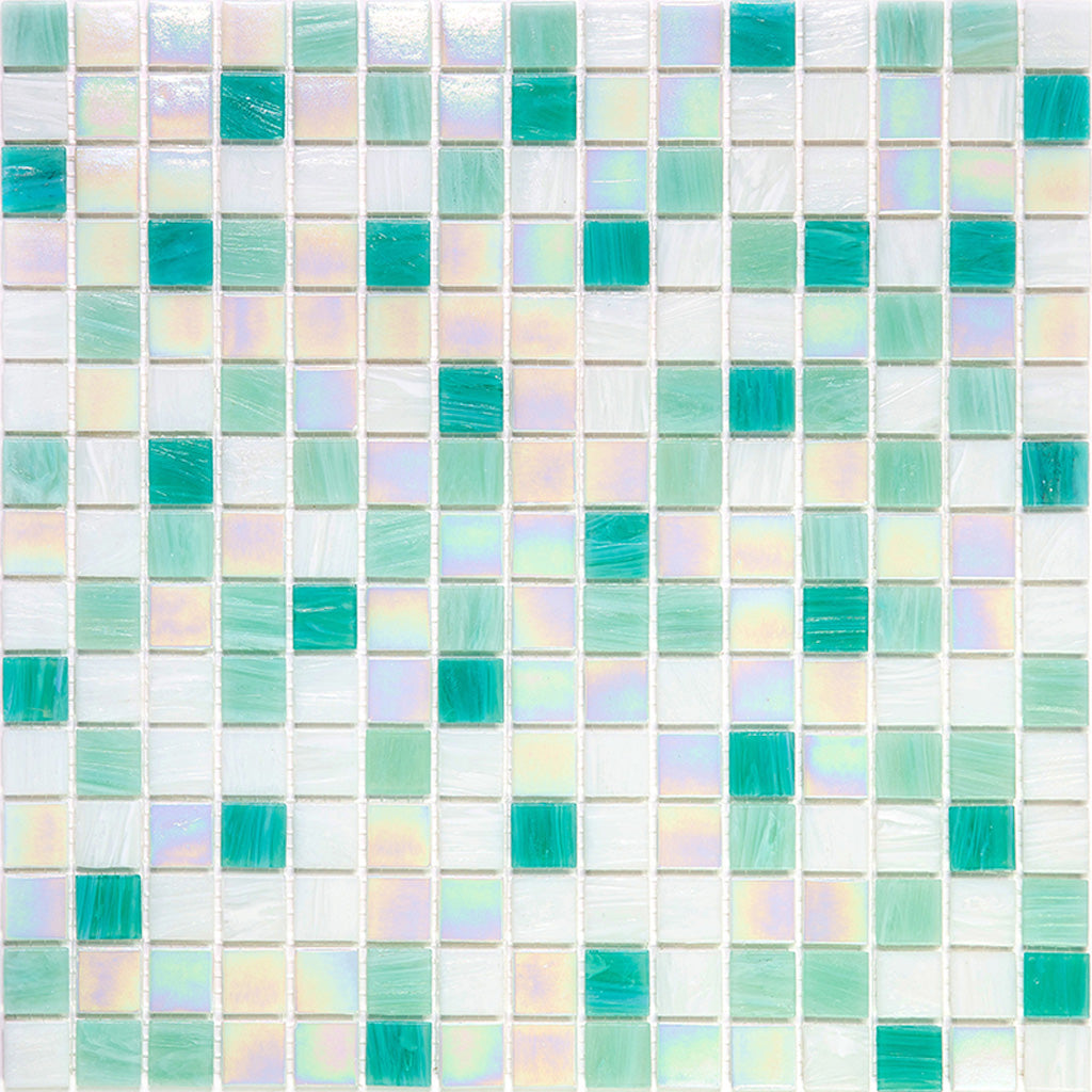 Glossy white and green glass mosaic tiles arranged in 12x12 pattern with iridescent finish