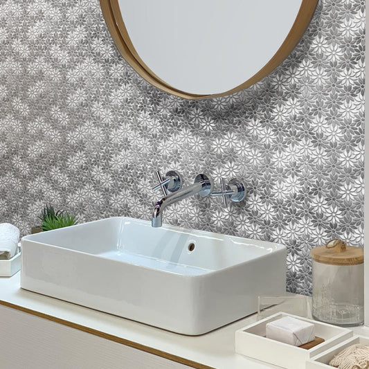 Gray and White 11 x 12 Polished Marble Mosaic Tile - Sample