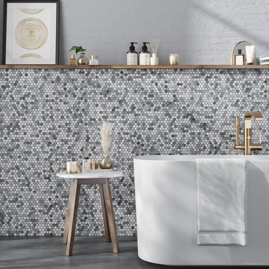 White and Gray 11 x 12 Polished Marble Mosaic Tile - Sample