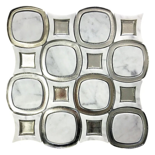 Cloud White and Silver 11 x 11 Polished, Glossy Marble, Glass Mosaic Tile - Sample