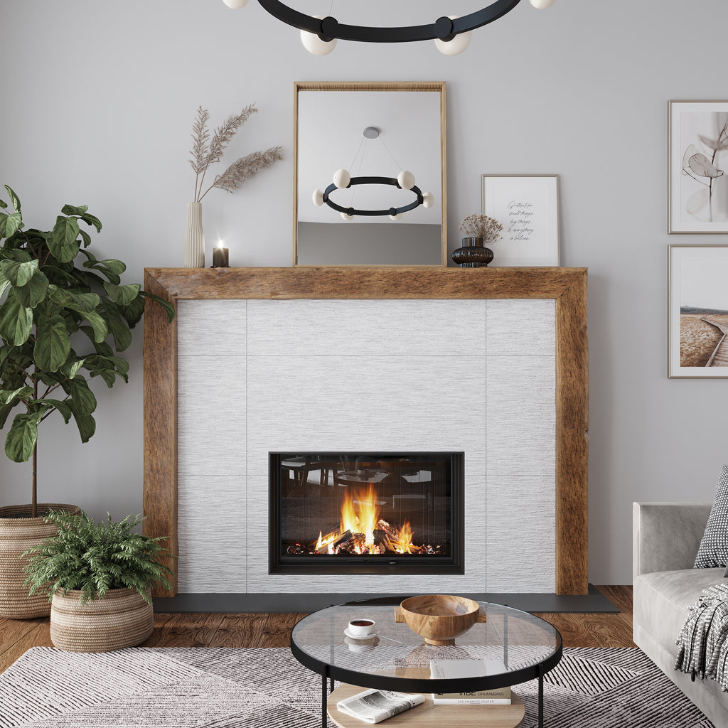 white textured porcelain large tile 24x48 installed on fireplace surround with subtle horizontal lines