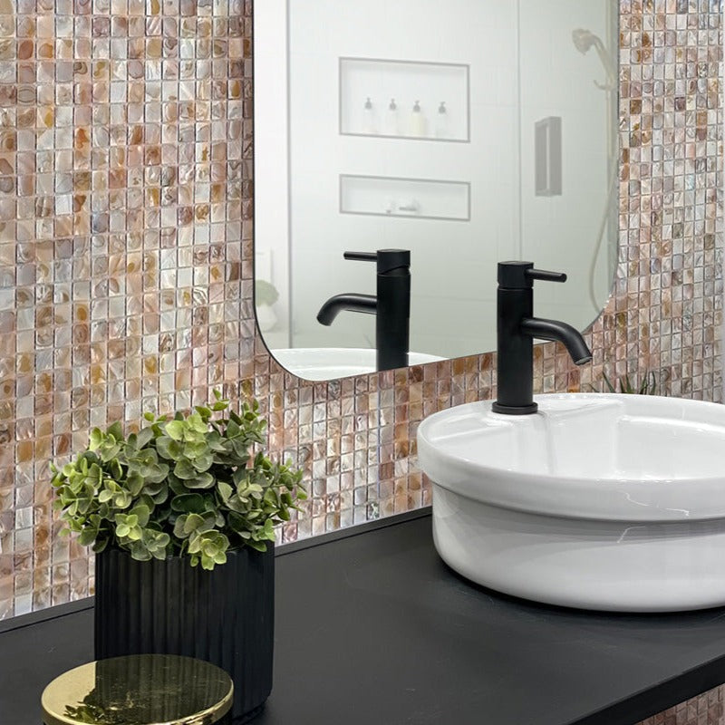 beige 12x12 polished shell mother of pearl mosaic tile with varied natural tones and glossy finish
