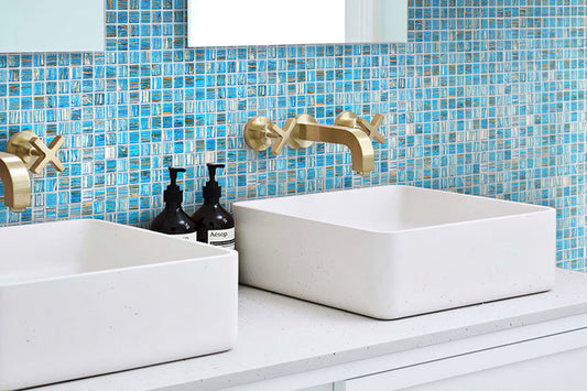 Blue and Gold 12 x 12 Glossy Glass Mosaic Tile - Sample