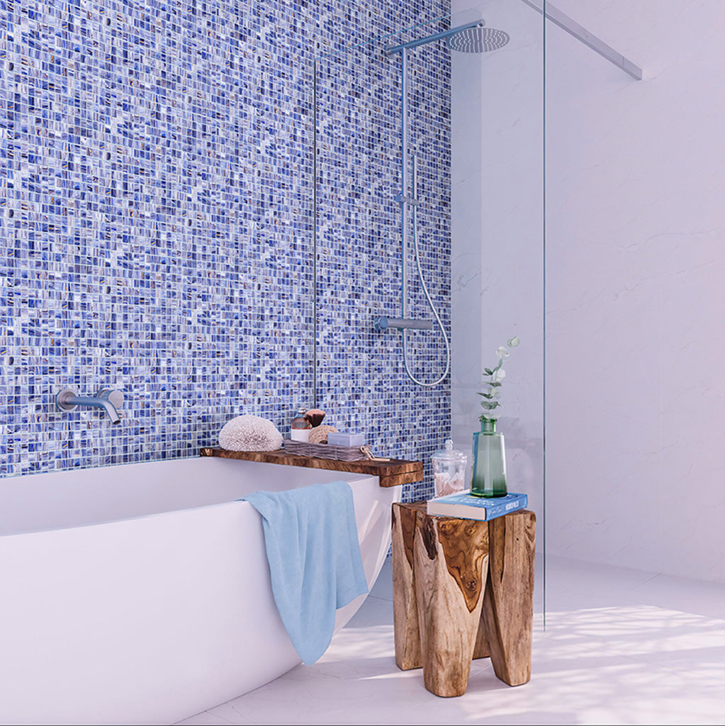 Blue and White 12 x 12 Glossy Glass Mosaic Tile