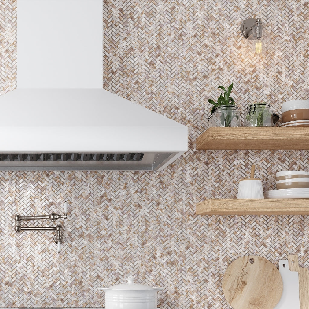 White, Beige 11 x 11 Polished Shell, Mother of Pearl Mosaic Tile