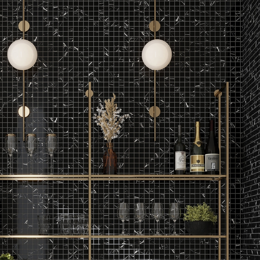 Black 12 x 12 Polished Nero Marquina Marble Mosaic Tile