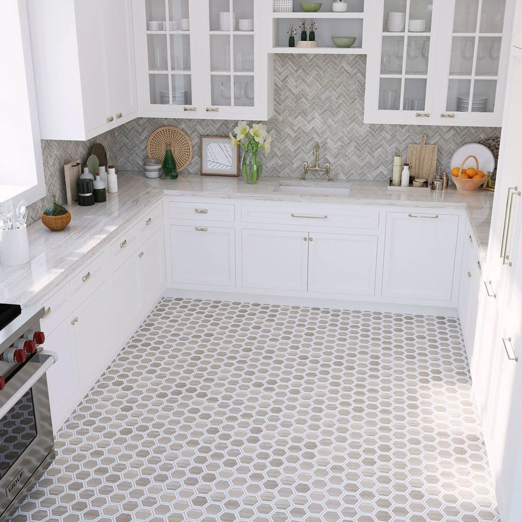 White and Beige 12 x 14 Polished Marble Mosaic Tile