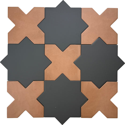Graphite Black 7" and Terracotta 5" Matte Porcelain Star and Cross Tile