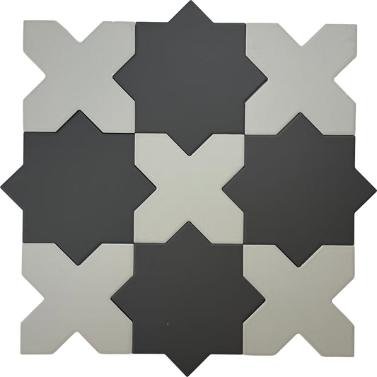 Graphite Black 7" and  Light Gray  5" Matte Porcelain Star and Cross Tile
