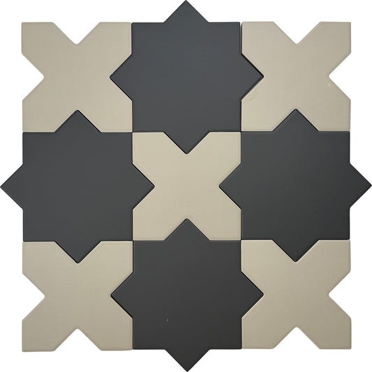 Graphite Black 7" and Ecru Taupe 5" Matte Porcelain Star and Cross Tile