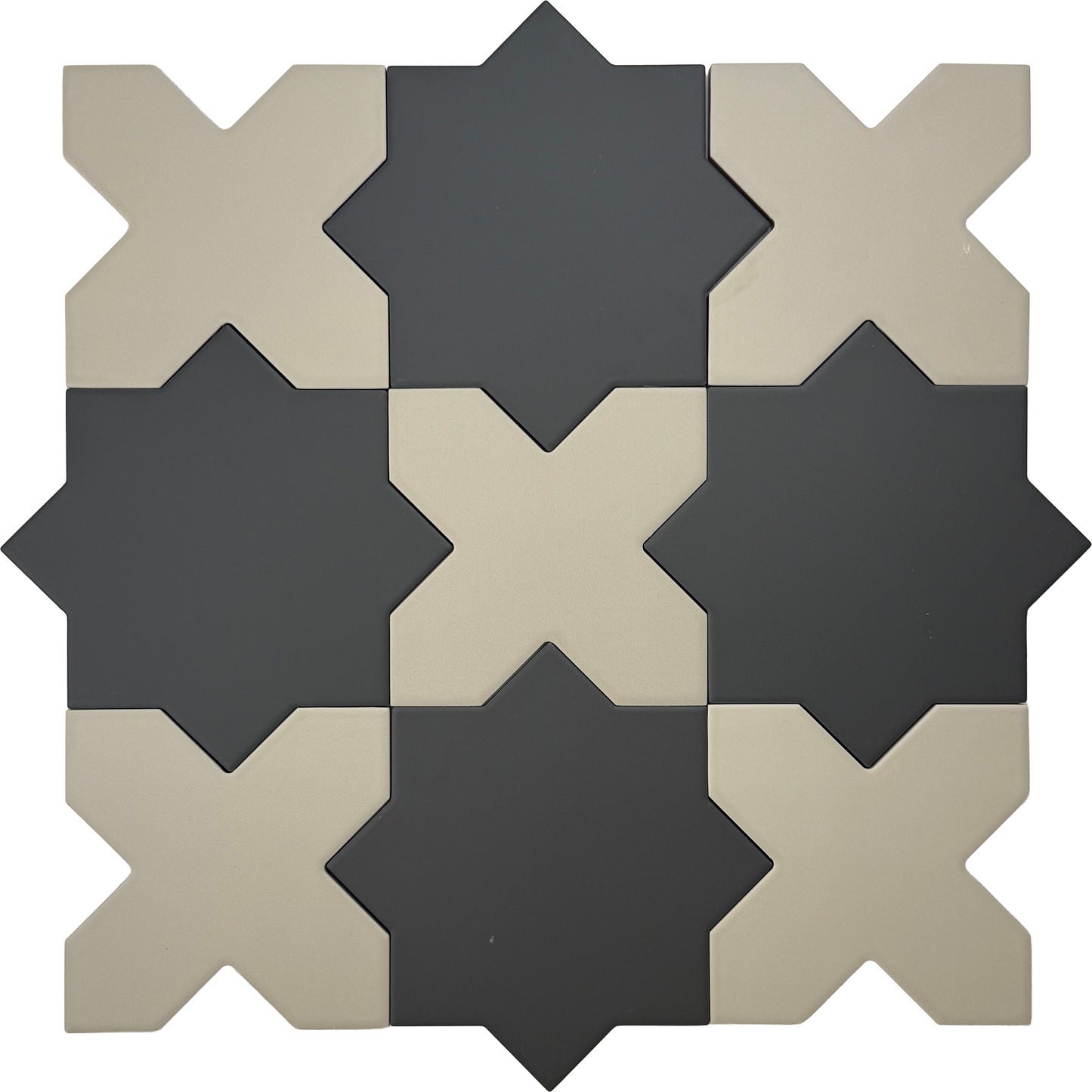 Graphite Black 7" and Ecru Taupe 5" Matte Porcelain Star and Cross Tile - Sample