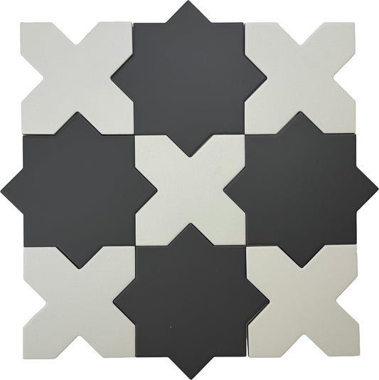 Graphite Black 7" and Pure White  5" Matte Porcelain Star and Cross Tile