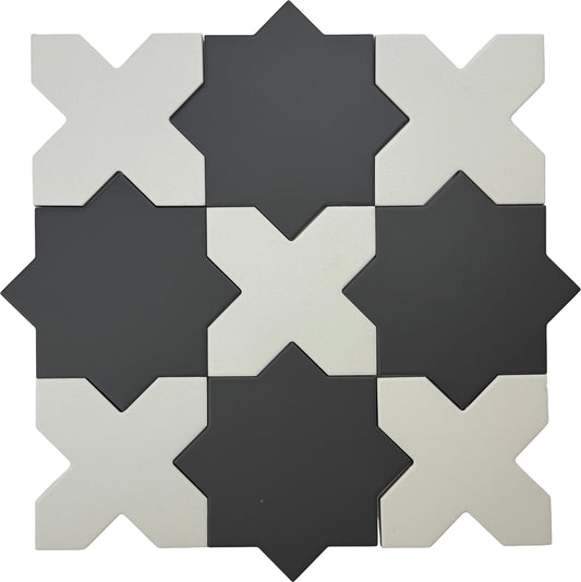 Graphite Black 7" and Pure White  5" Matte Porcelain Star and Cross Tile - Sample