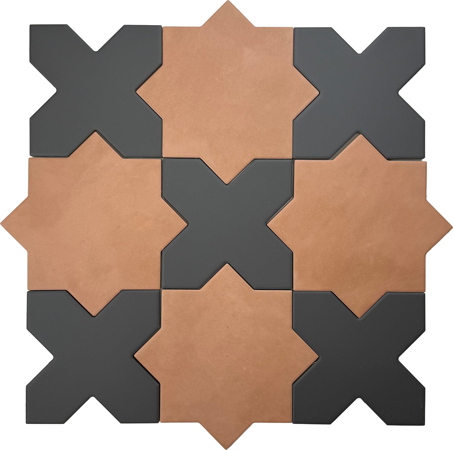 Terracota 7" and  Graphite Black 5" Matte Porcelain Star and Cross Tile - Sample