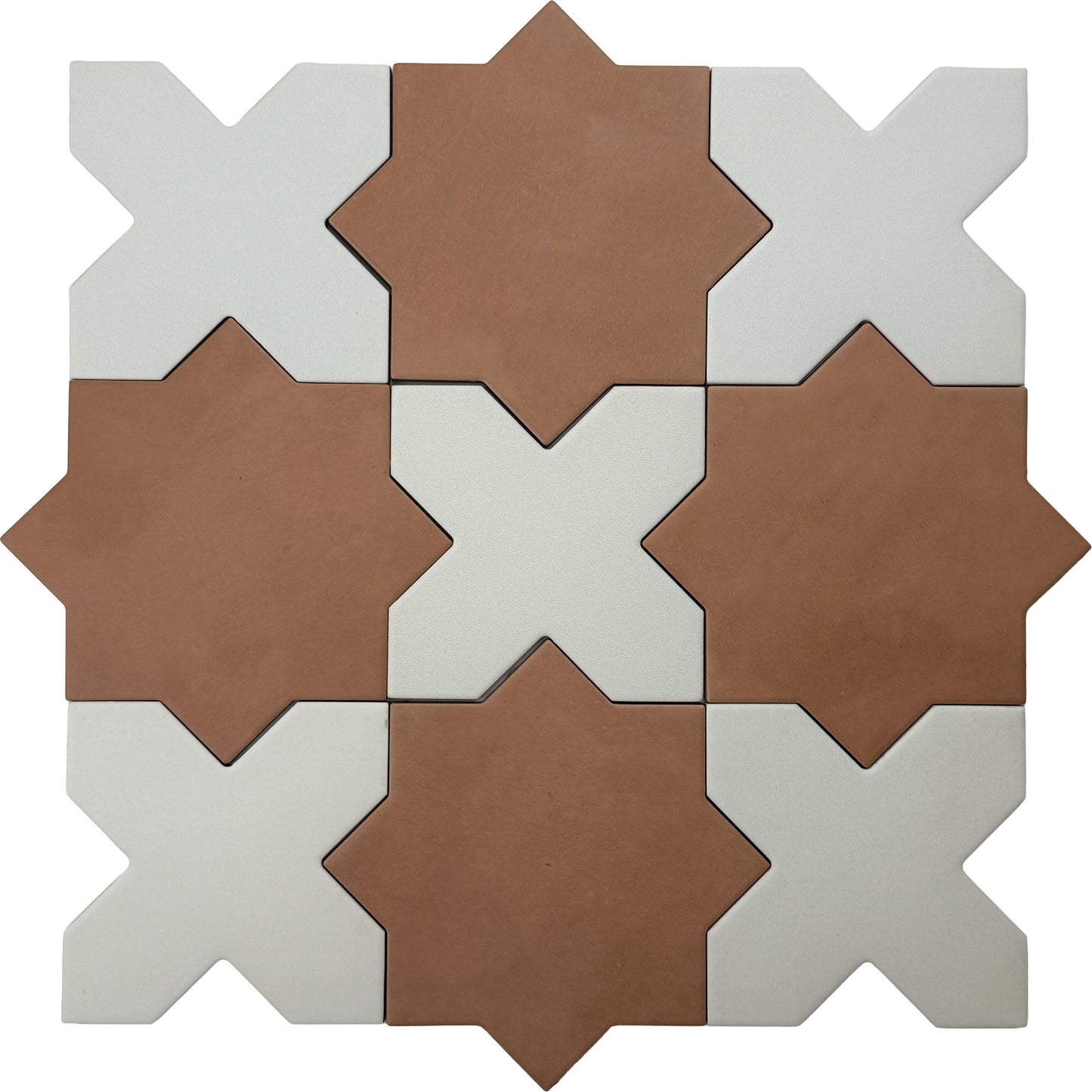 Terracota 7" and  Pure White 5" Matte Porcelain Star and Cross Tile - Sample