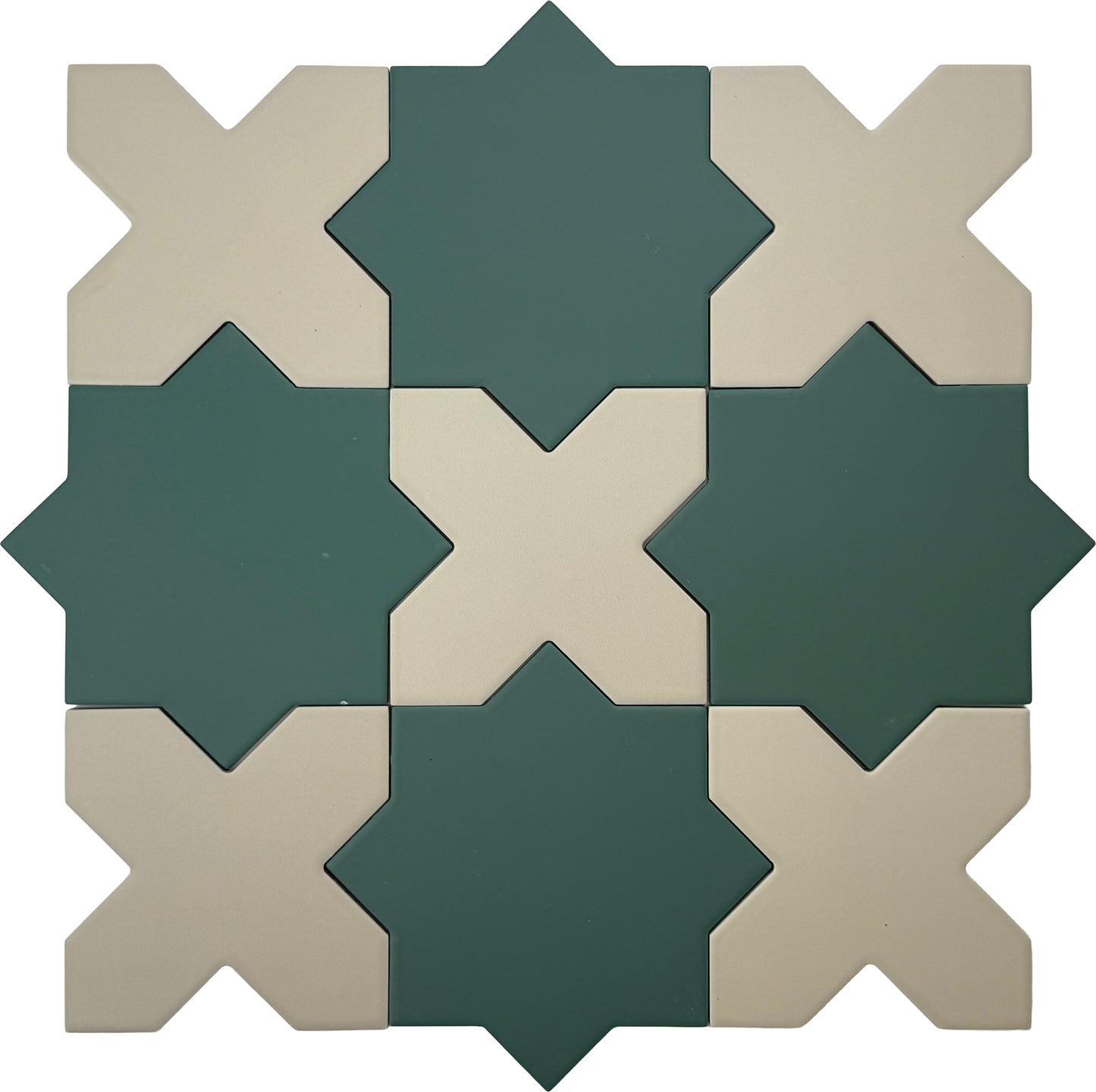 Sage Green 7" and Ecru Taupe 5" Matte Porcelain Star and Cross Tile